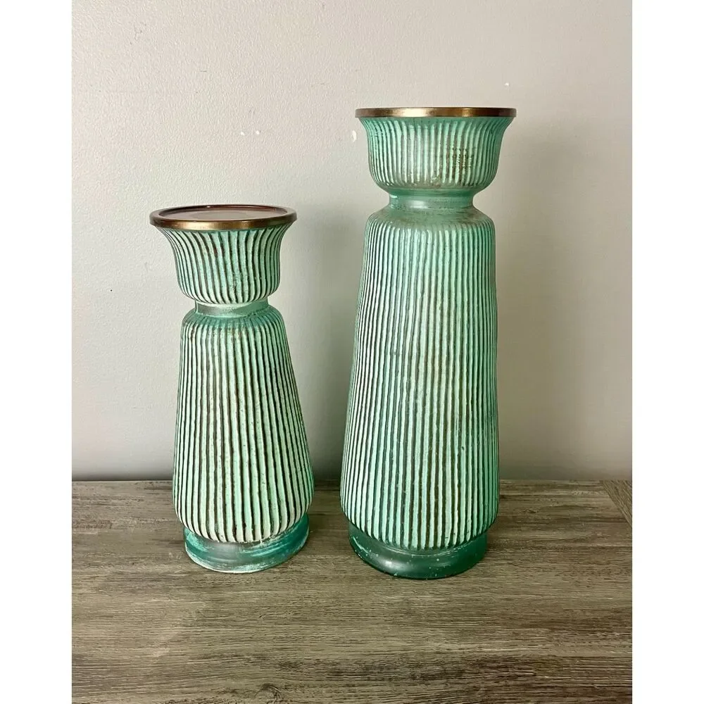 Pier 1 Aqua Patina Ribbed Candle Holders Set of 2 Gold Rim Coastal Decor